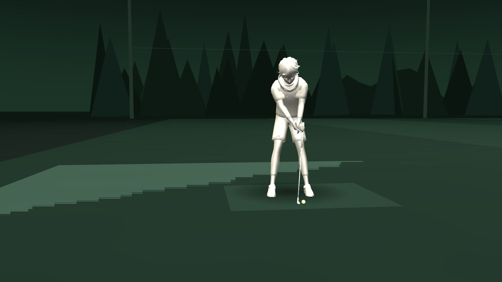 Golfista preparado para golpear en un campo de prácticas al atardecer